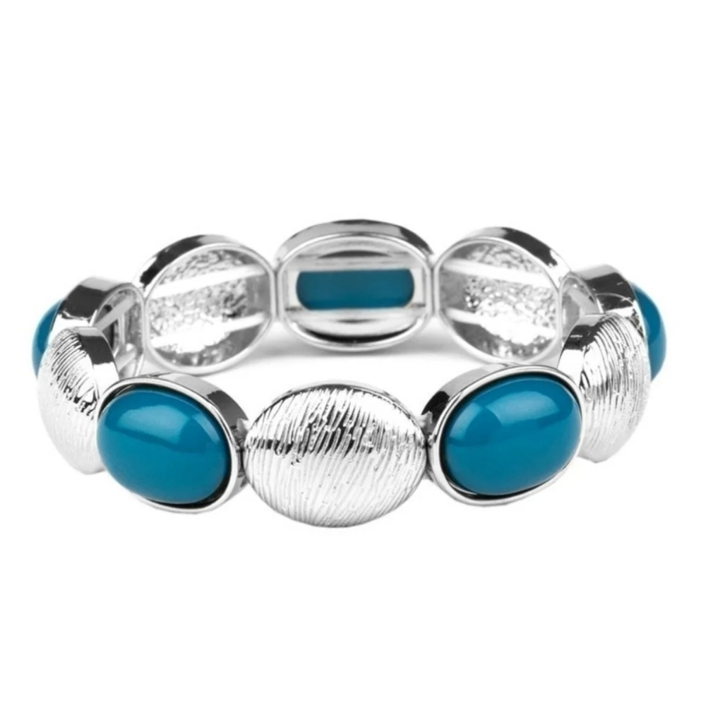 Bracelet Bubbly blue beaded frames textured silver caps stretchy band New